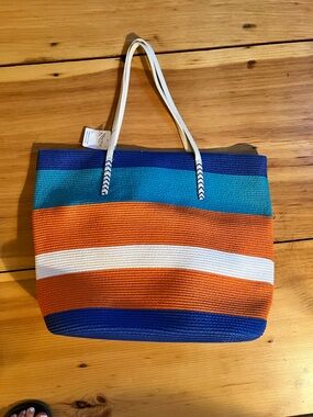 NWT Wovee Striped Multicolor Beach Tote Bag - Orange, Blue, Teal & White